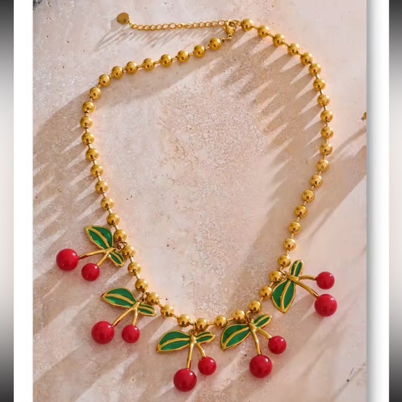 Red Cherry 18K Gold Stainless Steel Waterproof Necklace - Picture 5 of 16